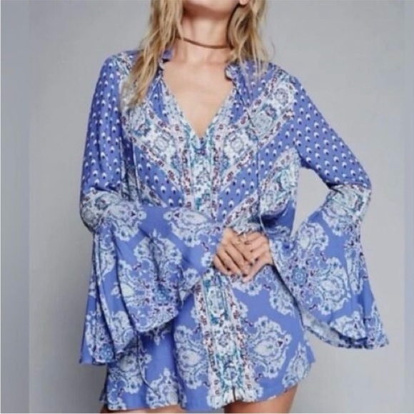 Free People Tops - Free People Magic Mystery Tunic Dress Bell Sleeve Blue Boho XS NWOT